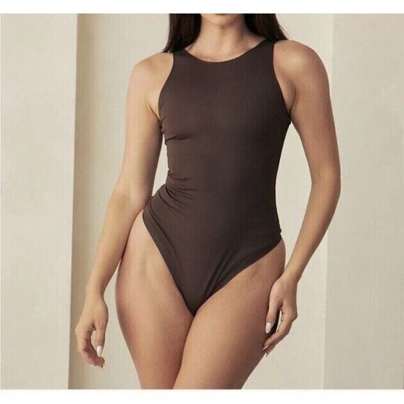 Pinsy Women's Sz 1X Cocoa Brown High Neck Hourglass Thong Shapewear Bodysuit - Picture 3 of 4